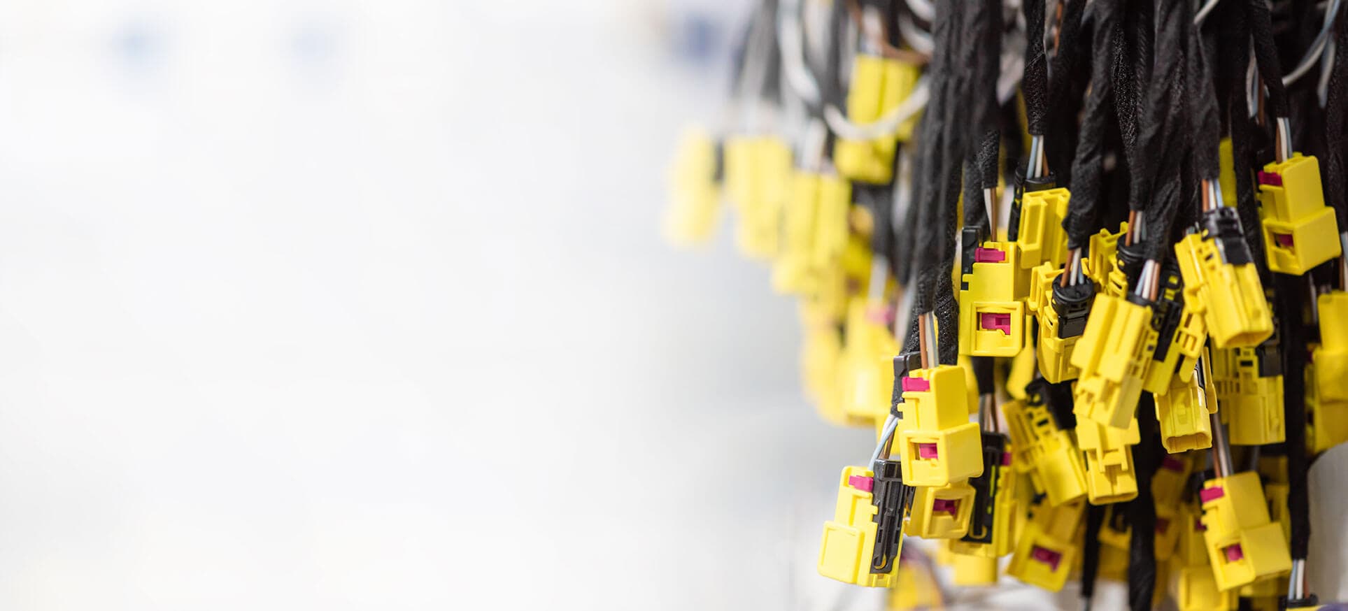 Yellow connectors on black cables hanging in rows